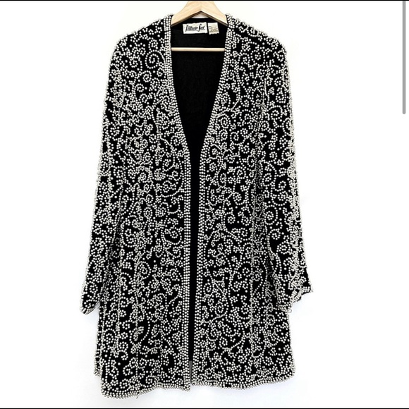 Beaded Silk Open Jacket All Over Pearl Embellished Formal Vintage Women Size L - Picture 5 of 10